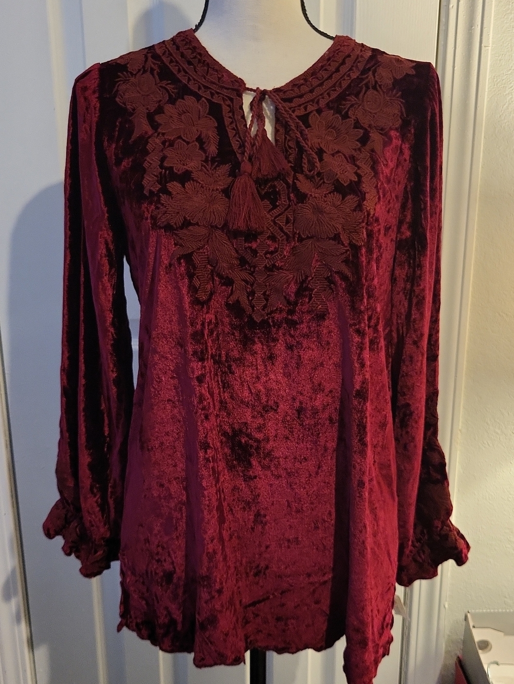 Kyla Seo Velvet Embroidered Long-Sleeve "Carlissa" Tie-neck Blouse - Wine